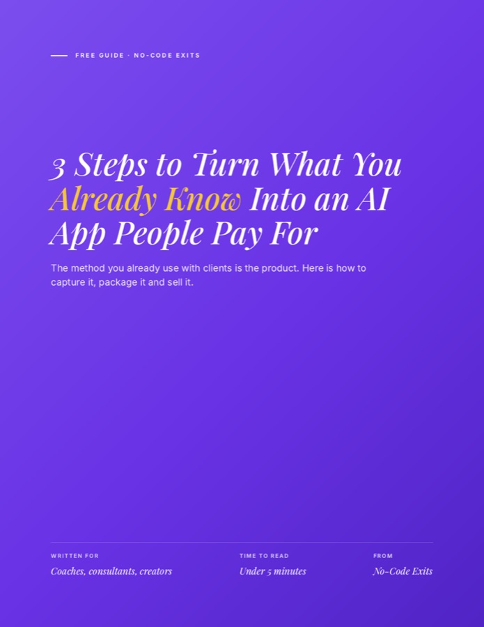 Cover of the free guide: 3 Steps to Turn What You Already Know Into an AI App People Pay For
